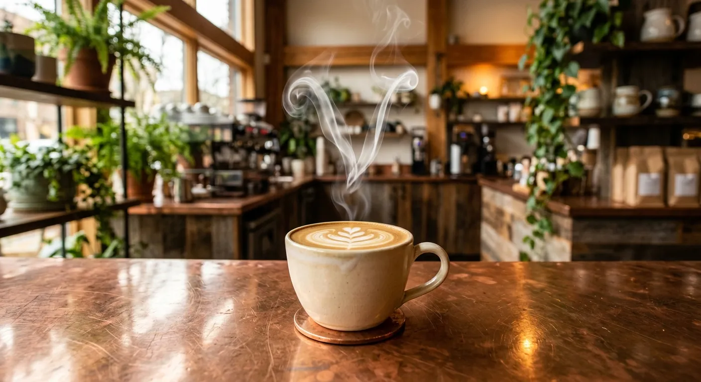 A steaming latte with a leaf poured in the foam, on a copper counter inside the café