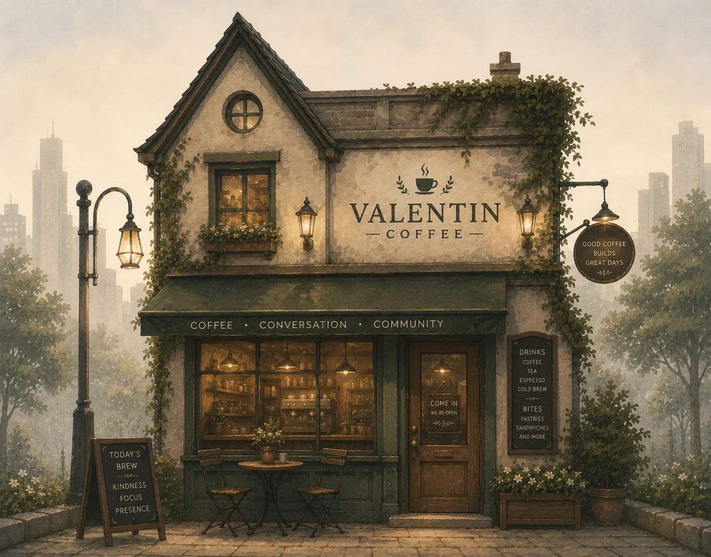 The Valentin Coffee storefront — an ivy-clad café glowing at dusk on a Treefrog street corner